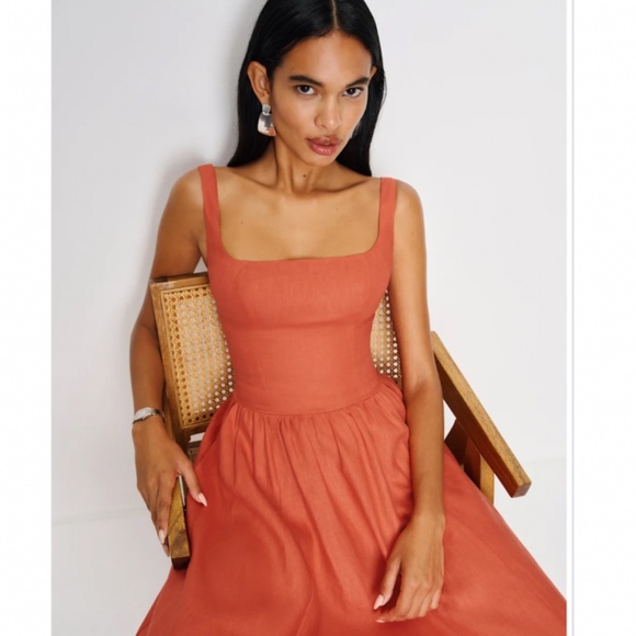 Reformation Janu Linen Dress Red Coral - Picture 4 of 6